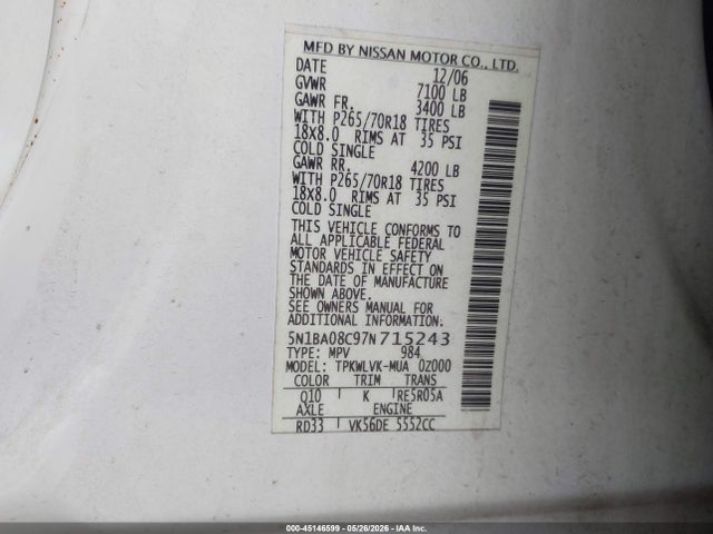 Продажа на аукционе авто 2007 Nissan Armada Le, vin: 5N1BA08C97N715243, номер лота: 45146599