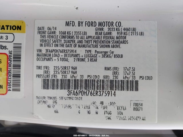 Aukcja sprzedaży 2014 Ford Fusion Se, vin: 3FA6P0H76ER375914, numer aukcji: 45146611