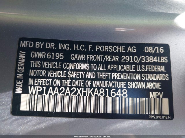 Aukcja sprzedaży 2017 Porsche Cayenne, vin: WP1AA2A2XHKA81648, numer aukcji: 45146614