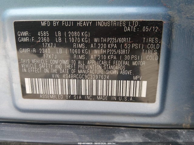 Aukcja sprzedaży 2012 Subaru Outback 2.5i Premium, vin: 4S4BRCGC9C3297624, numer aukcji: 45146620