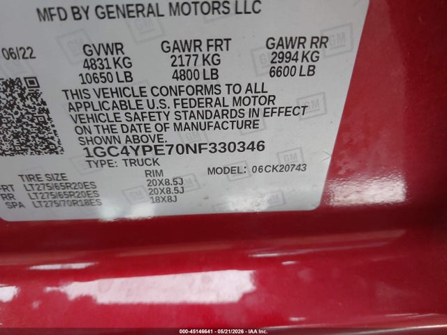 45146641 :رقم المزاد ، 1GC4YPE70NF330346 vin ، 2022 Chevrolet Silverado 2500hd 4wd  Standard Bed Ltz مزاد بيع