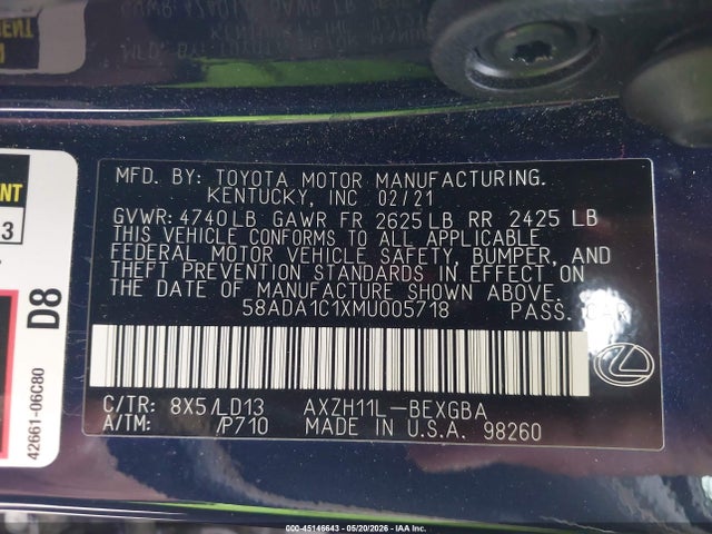 Продажа на аукционе авто 2021 Lexus Es 300h, vin: 58ADA1C1XMU005718, номер лота: 45146643