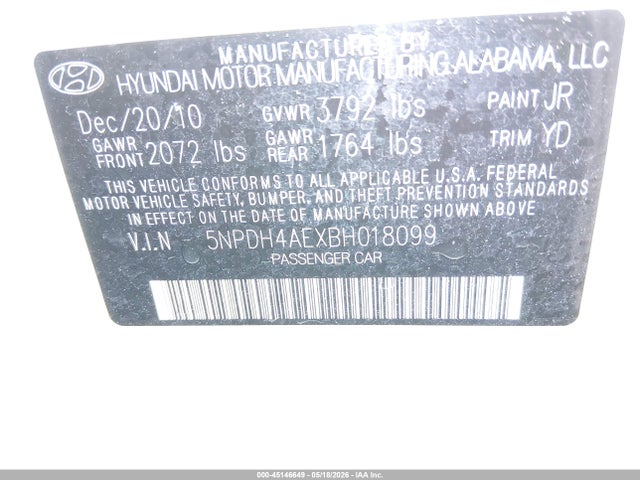 Aukcja sprzedaży 2011 Hyundai Elantra Gls, vin: 5NPDH4AEXBH018099, numer aukcji: 45146649