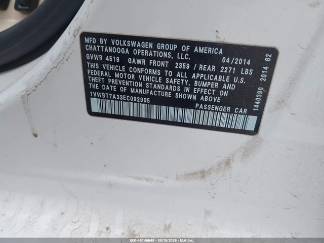 45146648 :رقم المزاد ، 1VWBT7A33EC092905 vin ، 2014 Volkswagen Passat 1.8t Se مزاد بيع