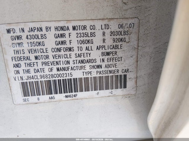 Aukcja sprzedaży 2008 Acura Tsx, vin: JH4CL96828C002315, numer aukcji: 45146661
