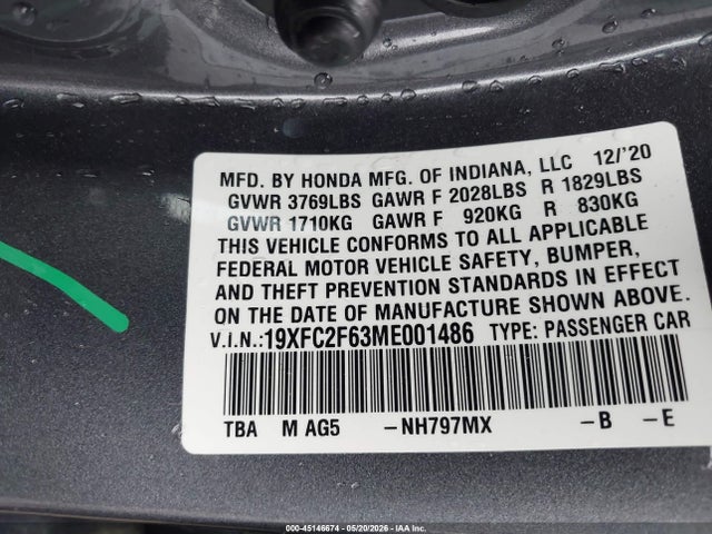 Aukcja sprzedaży 2021 Honda Civic Lx, vin: 19XFC2F63ME001486, numer aukcji: 45146674
