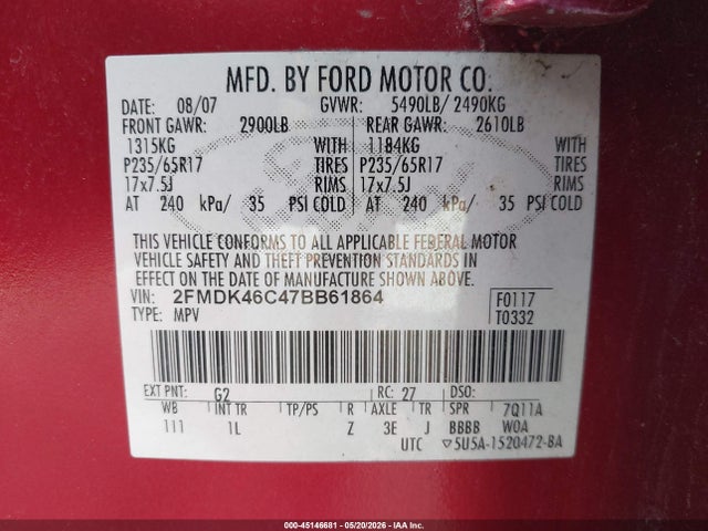 Продаж на аукціоні авто 2007 Ford Edge Se, vin: 2FMDK46C47BB61864, номер лоту: 45146681