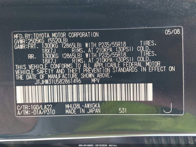Aukcja sprzedaży 2008 Lexus Rx 400h, vin: JTJHW31U582861496, numer aukcji: 45146682