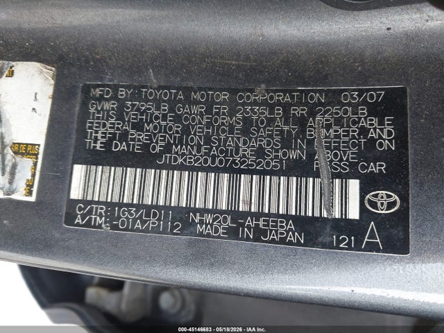 Продаж на аукціоні авто 2007 Toyota Prius, vin: JTDKB20U073252051, номер лоту: 45146683