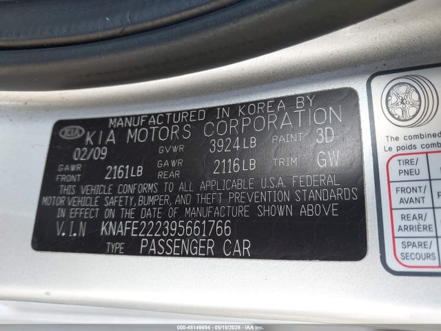 45146694 :رقم المزاد ، KNAFE222395661766 vin ، 2009 Kia Spectra Ex مزاد بيع