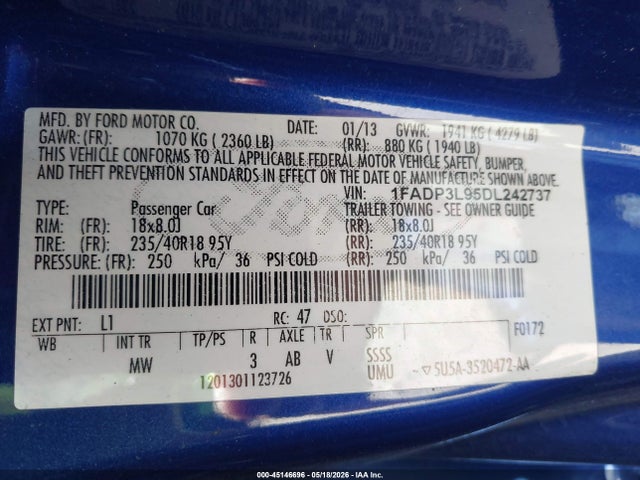 2013 Ford Focus St მანქანა იყიდება აუქციონზე, vin: 1FADP3L95DL242737, აუქციონის ნომერი: 45146696