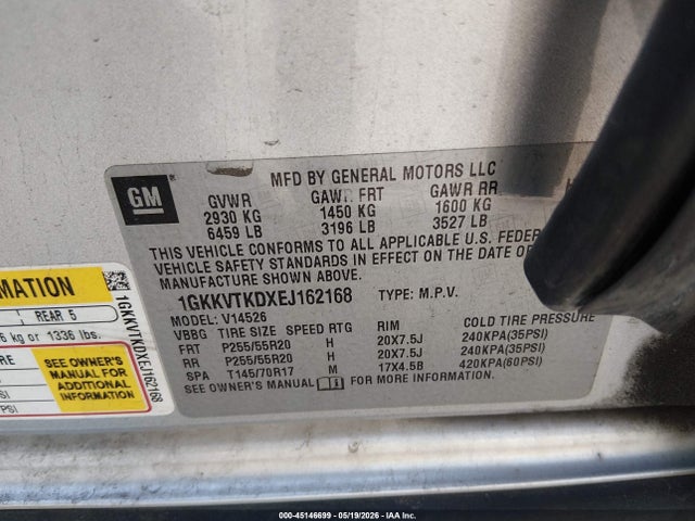 45146699 :رقم المزاد ، 1GKKVTKDXEJ162168 vin ، 2014 Gmc Acadia Denali مزاد بيع