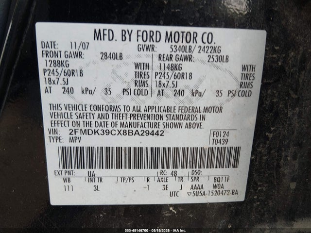 2008 Ford Edge Limited მანქანა იყიდება აუქციონზე, vin: 2FMDK39CX8BA29442, აუქციონის ნომერი: 45146700