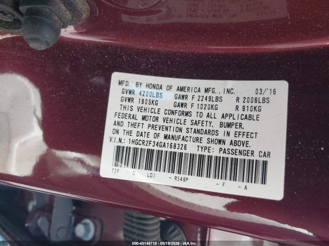 Продажа на аукционе авто 2016 Honda Accord Lx, vin: 1HGCR2F34GA168326, номер лота: 45146710