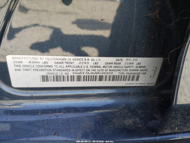 Продажа на аукционе авто 2010 Volkswagen Jetta Limited Edition, vin: 3VWAX7AJ6AM106920, номер лота: 45146712