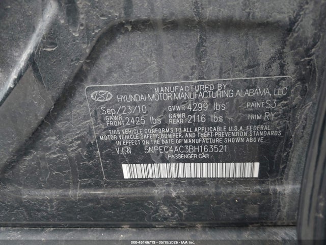 2011 Hyundai Sonata Limited მანქანა იყიდება აუქციონზე, vin: 5NPEC4AC3BH163521, აუქციონის ნომერი: 45146719