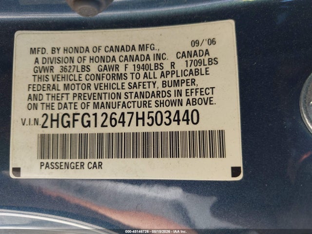 45146726 :رقم المزاد ، 2HGFG12647H503440 vin ، 2007 Honda Civic Lx مزاد بيع