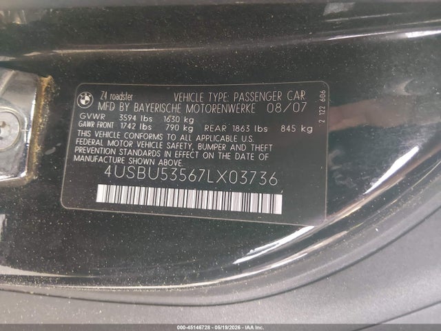 Aukcja sprzedaży 2007 Bmw Z4 3.0si, vin: 4USBU53567LX03736, numer aukcji: 45146728