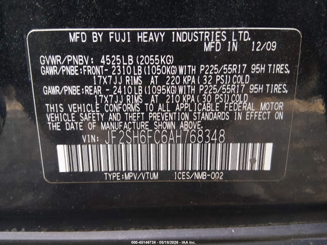 Продаж на аукціоні авто 2010 Subaru Forester 2.5xt Limited, vin: JF2SH6FC6AH768348, номер лоту: 45146738