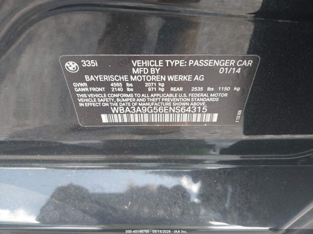Aukcja sprzedaży 2014 Bmw 335i, vin: WBA3A9G56ENS64315, numer aukcji: 45146760
