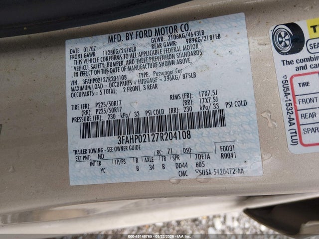 Продажа на аукционе авто 2007 Ford Fusion Sel, vin: 3FAHP02127R204108, номер лота: 45146765