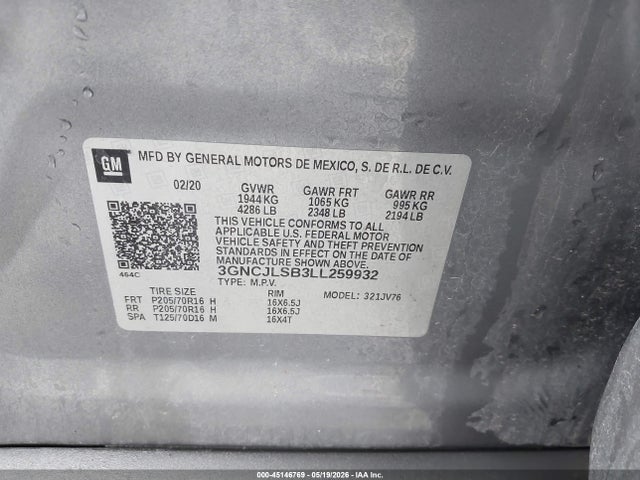 Продаж на аукціоні авто 2020 Chevrolet Trax Fwd Lt, vin: 3GNCJLSB3LL259932, номер лоту: 45146769