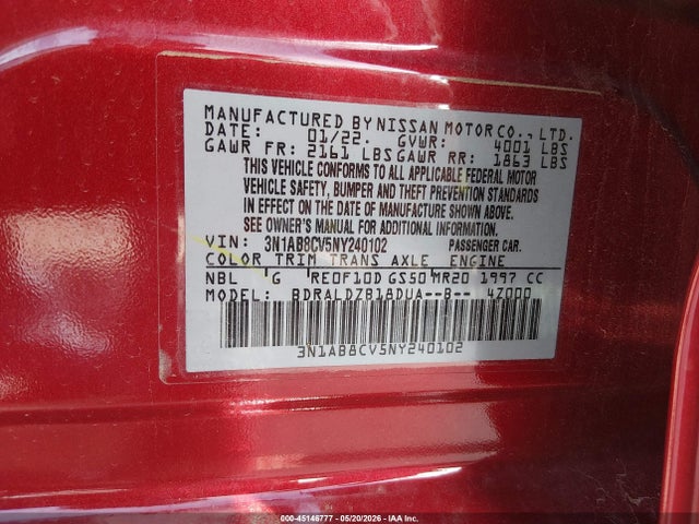Aukcja sprzedaży 2022 Nissan Sentra Sv Xtronic Cvt, vin: 3N1AB8CV5NY240102, numer aukcji: 45146777