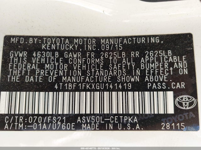 Продажа на аукционе авто 2016 Toyota Camry Se, vin: 4T1BF1FKXGU141419, номер лота: 45146778