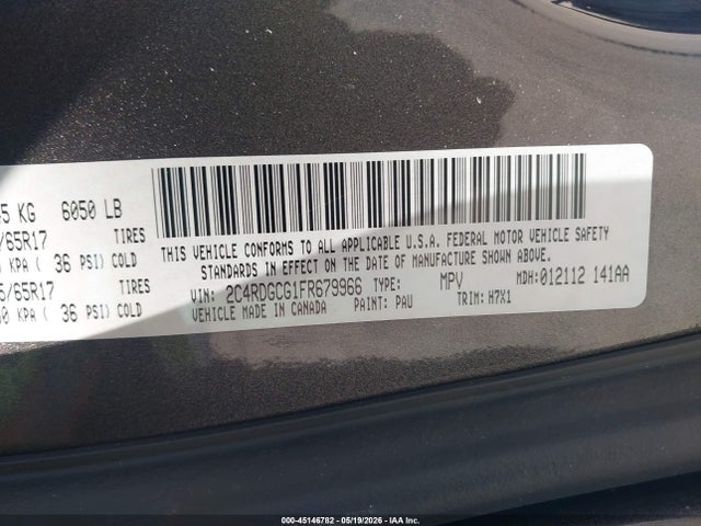 2015 Dodge Grand Caravan Sxt/sxt Plus მანქანა იყიდება აუქციონზე, vin: 2C4RDGCG1FR679966, აუქციონის ნომერი: 45146782