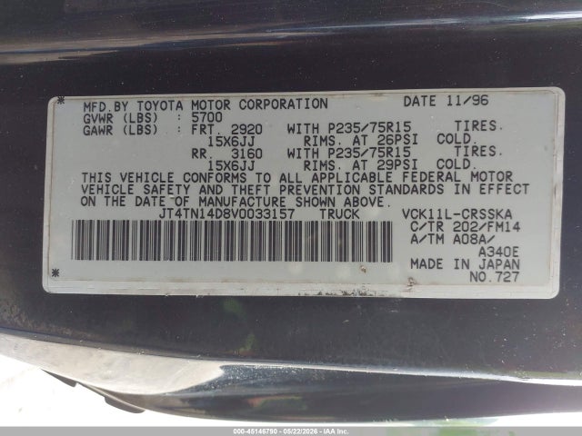 Aukcja sprzedaży 1997 Toyota T100 Sr5 V6, vin: JT4TN14D8V0033157, numer aukcji: 45146790