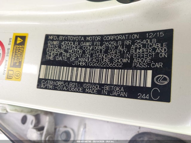 45146798 :رقم المزاد ، JTHBK1GG6G2236502 vin ، 2016 Lexus Es 350 مزاد بيع