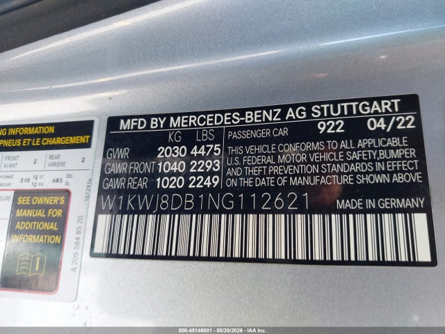45146801 :رقم المزاد ، W1KWJ8DB1NG112621 vin ، 2022 Mercedes-benz C 300 Coupe مزاد بيع