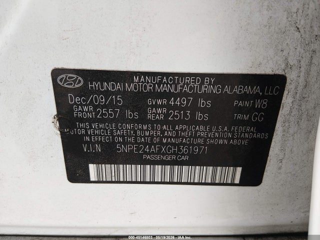 45146803 :رقم المزاد ، 5NPE24AFXGH361971 vin ، 2016 Hyundai Sonata Se مزاد بيع
