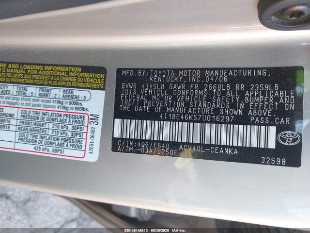 Aukcja sprzedaży 2007 Toyota Camry Le, vin: 4T1BE46K57U016297, numer aukcji: 45146810