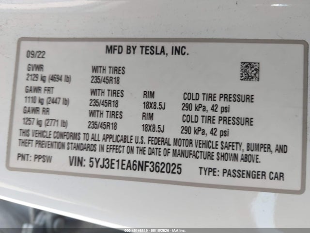 Tesla Model 3 Rear-wheel Drive 2022 5YJ3E1EA6NF362025 Image 9
