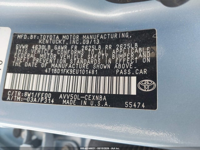 45146821 :رقم المزاد ، 4T1BD1FK9EU101481 vin ، 2014 Toyota Camry Hybrid Le مزاد بيع