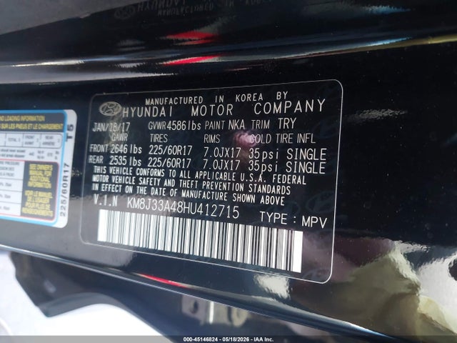 45146824 :رقم المزاد ، KM8J33A48HU412715 vin ، 2017 Hyundai Tucson Se مزاد بيع