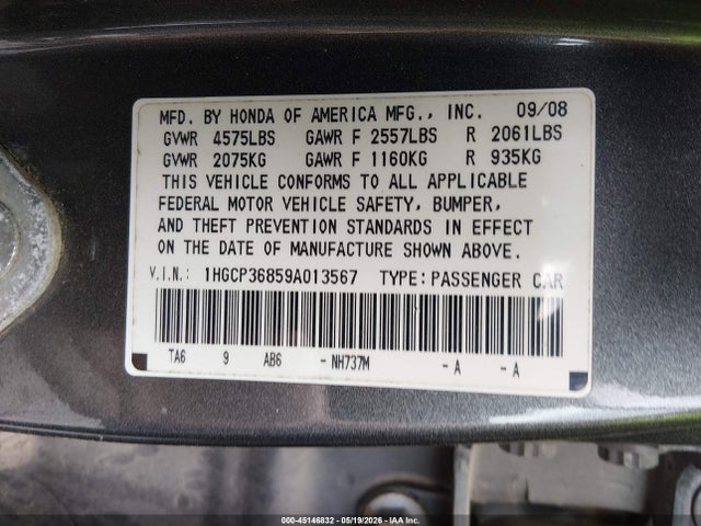 Продаж на аукціоні авто 2009 Honda Accord 3.5 Ex-l, vin: 1HGCP36859A013567, номер лоту: 45146832