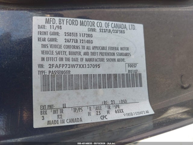 Продаж на аукціоні авто 1999 Ford Crown Victoria, vin: 2FAFP73W7XX137095, номер лоту: 45146835