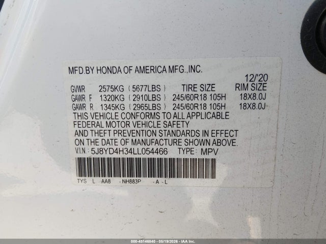 45146840 :رقم المزاد ، 5J8YD4H34LL054466 vin ، 2020 Acura Mdx Standard مزاد بيع