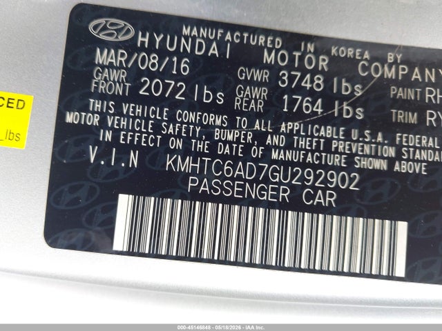 Aukcja sprzedaży 2016 Hyundai Veloster, vin: KMHTC6AD7GU292902, numer aukcji: 45146848