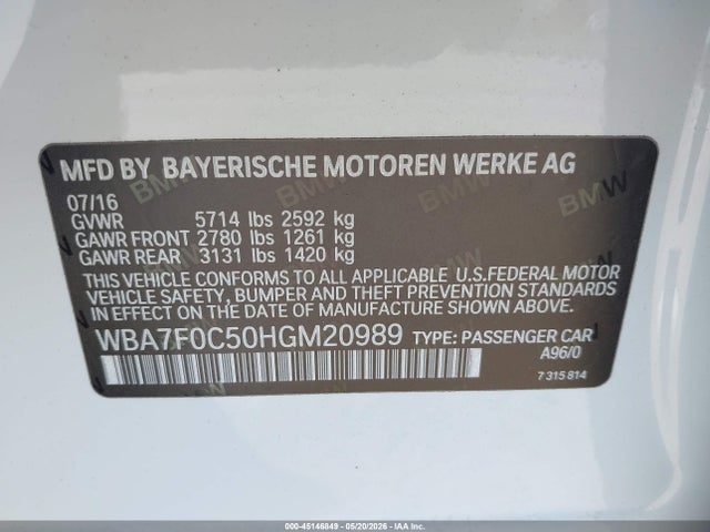 Auction sale of the 2017 Bmw 750i, vin: WBA7F0C50HGM20989, lot number: 45146849