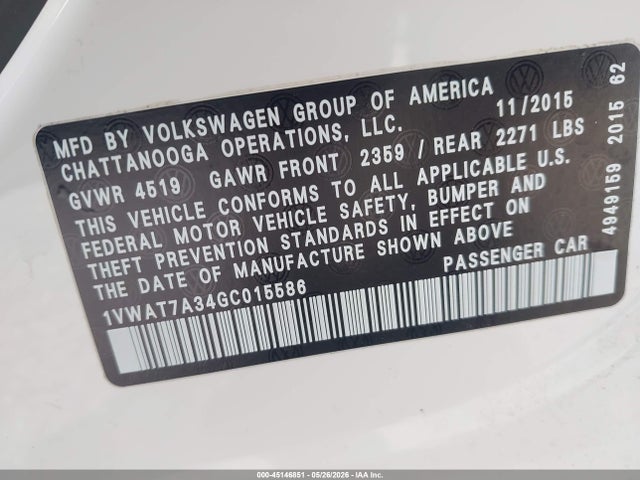 45146851 :رقم المزاد ، 1VWAT7A34GC015586 vin ، 2016 Volkswagen Passat 1.8t S مزاد بيع