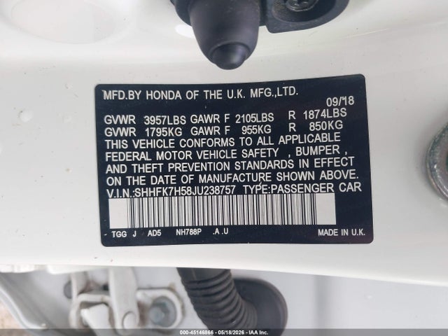 2018 Honda Civic Ex მანქანა იყიდება აუქციონზე, vin: SHHFK7H58JU238757, აუქციონის ნომერი: 45146866