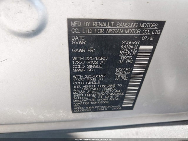 45146869 :رقم المزاد ، KNMAT2MT5GP718589 vin ، 2016 Nissan Rogue S مزاد بيع