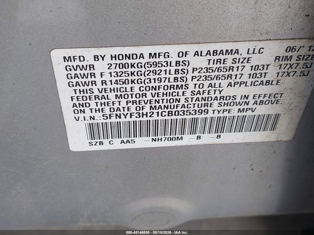 Aukcja sprzedaży 2012 Honda Pilot Lx, vin: 5FNYF3H21CB035399, numer aukcji: 45146890
