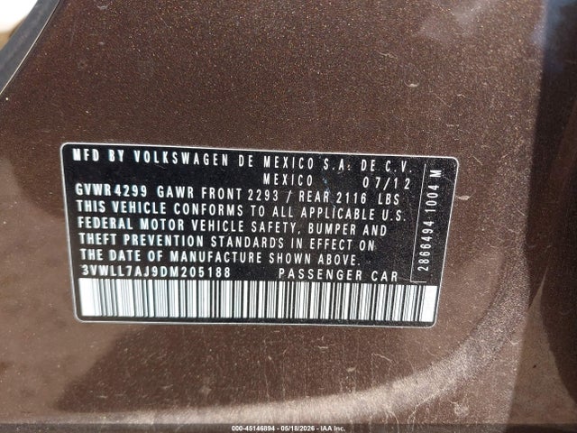 Продаж на аукціоні авто 2013 Volkswagen Jetta 2.0l Tdi, vin: 3VWLL7AJ9DM205188, номер лоту: 45146894