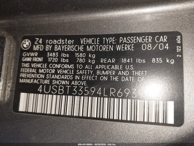 Продажа на аукционе авто 2004 Bmw Z4 2.5i, vin: 4USBT33594LR69397, номер лота: 45146904