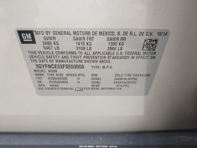 2015 Cadillac Srx Performance Collection მანქანა იყიდება აუქციონზე, vin: 3GYFNCE33FS559568, აუქციონის ნომერი: 45146905