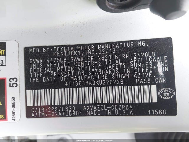 45146911 :رقم المزاد ، 4T1B61HK0KU226226 vin ، 2019 Toyota Camry Xse مزاد بيع